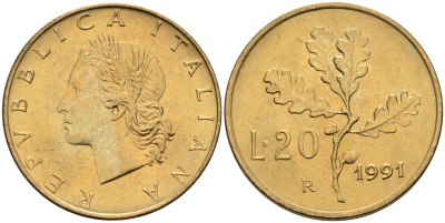 Италия 20 лир 1991 R, дубовый лист KM 97.2 алюминиевая бронза  UNC  4594-837