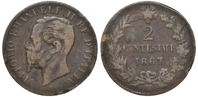 Италия 2 чентезимо 1867 M, Виктор Эммануил II KM 2.1 медь 4164-658