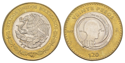 Мексика 20 песо 2013 100 лет Мексиканской армии KM 969 биметалл aUNC 4634-243