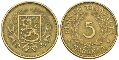 Финляндия 5 марок 1939 S KM 31 алюминиевая бронза 4589-1255