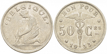 БЕЛЬГИЯ 50 САНТИМОВ 1933 BELGIQUE KM 87 никель 261-1637