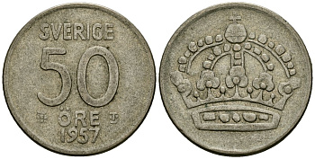 Швеция 50 эре 1957 Густав VI Адольф (1950-1973) KM 825 серебро 4177-937