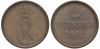 Ганновер 2 пфеннига 1851 B, Эрнст Август (1837-1851) KM 202.1, AKS 124, J. 75 медь 4681-744