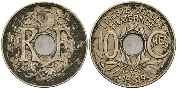 Франция 10 сантимов 1939 KM 899 никель бронза 51-2921