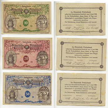 Австрия набор из 3 банкнот 1920 8 июня 1920, нотгельд, 10, 20, 50 геллеров, PREINSBACH   бумага  XF 7555-12-3-1