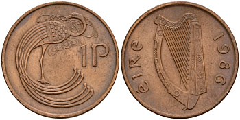 Ирландия 1 пенни 1986 мифологическая птица лира KM 20 бронза 4141-236