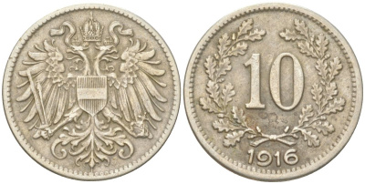 Австрия 10 геллеров 1916 Франц Иосиф I (1848-1916) KM 2825 медь цинк никель 4613-1161