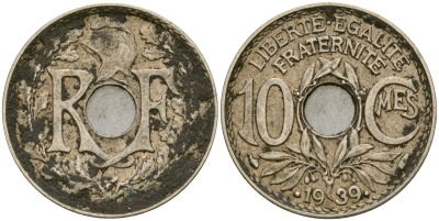 Франция 10 сантимов 1939 KM 899 никель бронза 51-2921