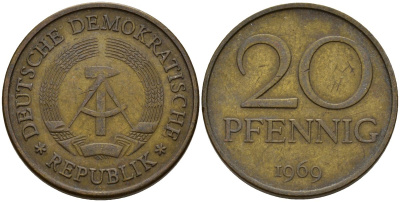 ГДР 20 пфеннигов 1969 A, первый год KM 11 латунь 95-545