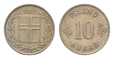 Исландия 10 эйре 1960 KM 10 медно-никель aUNC 4690-662