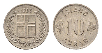 Исландия 10 эйре 1966 KM 10 медно-никель aUNC 4690-719