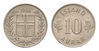 Исландия 10 эйре 1966 KM 10 медно-никель aUNC 4690-719