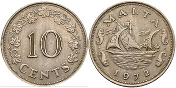 Мальта 10 центов 1972 баржа Великого магистра KM 11 медно-никель 4179-1321