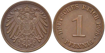 ГЕРМАНИЯ 1 ПФЕННИГ 1908 A KM 10, J. 10, Weege 2 медь 211-525