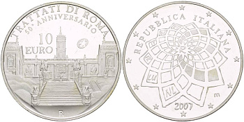 Италия 10 евро 2007 50 лет Римскому договору KM 295 серебро PROOF 1087-7-21