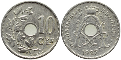 БЕЛЬГИЯ 10 САНТИМОВ 1927 BELGIE KM 86 медно-никель 86-934