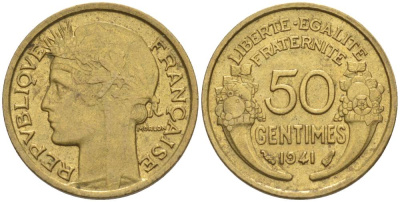 ФРАНЦИЯ 50 САНТИМОВ 1941 ТИП MORLON KM 894.1, LE FRANC 192.18 алюминиевая бронза 44-638