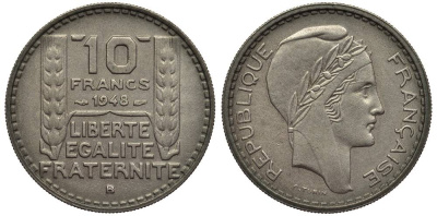 Франция 10 франков 1948 В, тип Пьер Турин KM 909.2, Le Franc 362.4 медно-никель 27-832