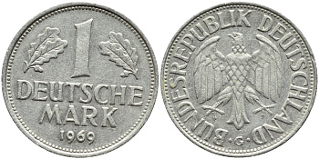 ФРГ 1 марка 1969 G КМ 110 J.385 медно-никель 85-351