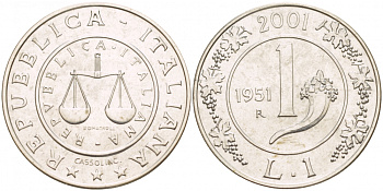 Италия 1 лира 2001 R, история лиры, весы, рог изобилия KM 220 серебро UNC 02-117-44