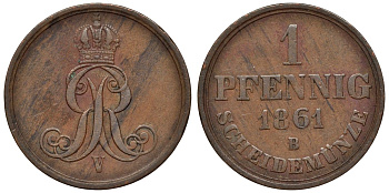 Ганновер 1 пфенниг 1861 B, Георг V KM 233, AKS 156, J. 90 медь 4594-542