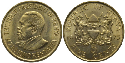 Кения 5 центов 1975 Джомо Кениата KM 10 никель латунь UNC 181-531