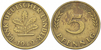 ФРГ 5 ПФЕННИГОВ 1949 F KM 102, J. 377 сталь плакированная латунью 112-932