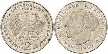 ФРГ 2 МАРКИ 1984 J, ТЕОДОР ХОЙС KM 127, J. 407 медно-никель плакированный никелем 3718-1046
