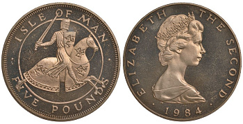 ОСТРОВ МЭН 5 ФУНТОВ 1984 500 ЛЕТ КОЛЛЕДЖУ ОРУЖЕЙНИКОВ, РЫЦАРЬ В ДОСПЕХАХ НА КОНЕ KM 134 вирениум UNC 1078-5-44