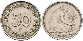 ФРГ 50 пфеннигов 1981 F KM 109, J. 384 медно-никель 4177-713