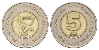 Босния и Герцеговина 5 марок 2009 KM 120 биметалл 32-545