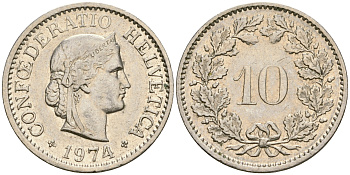 Швейцария 10 раппенов 1974 KM 27 медно-никель 4364-1344