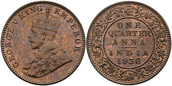 Британская Индия 1/4 анна 1936 Георг V (1910-1936) KM 512 бронза UNC 94-223