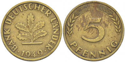 ФРГ 5 ПФЕННИГОВ 1949 F KM 102, J. 377 сталь плакированная латунью 112-932