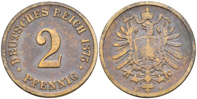 ГЕРМАНИЯ 2 ПФЕННИГА 1875 B, СТАРОГЕРБОВКА KM 2, Jager 2, Weege 3 медь 4546-546