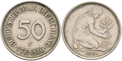 ФРГ 50 пфеннигов 1981 F KM 109, J. 384 медно-никель 4177-713