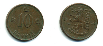 Финляндия 10 пенни 1922 республика (1918-1962) KM 24 медь 46-613