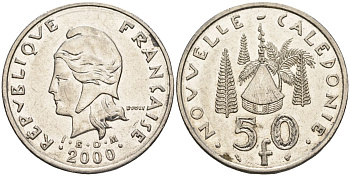 Французская Новая Каледония 50 франков 2000 хижина среди сосен и пальм, (IEOM) KM 13, Schoen 15, Lec 121 никель 4123-741