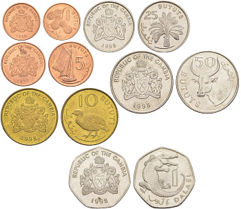 Гамбия полный годовой набор из 6 монет (1, 5, 10, 25 и 50; 1 даласи) 1998 год-тип KM 54, 55, 56, 57, 58 и 59 UNC 4654-442-447