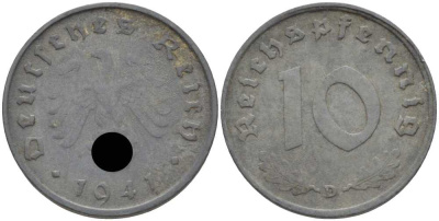 ГЕРМАНИЯ 10 РЕЙХСПФЕННИГОВ 1941 D KM 101, J. 371 цинк 4401-742