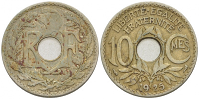 ФРАНЦИЯ 10 САНТИМОВ 1925 ТИП ЛИНДАЙЁ KM 866а медно-никель 77-611