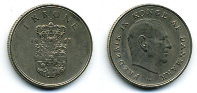 ДАНИЯ 1 КРОНА 1963 C; S, ФРЕДЕРИК IX (1947-1972) KM 851.1 медно-никель 56-352