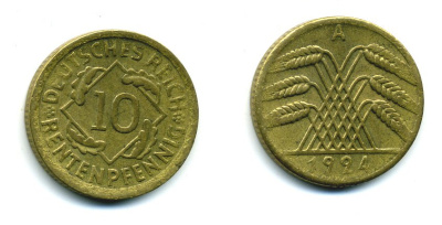 ГЕРМАНИЯ 10 РЕНТЕНПФЕННИГОВ 1924 A KM 33, J. 309, Weege 8 алюминиевая бронза 54-525