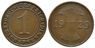 ГЕРМАНИЯ 1 РЕЙХСПФЕННИГ 1929 A KM 37, J. 313 бронза 4380-1152