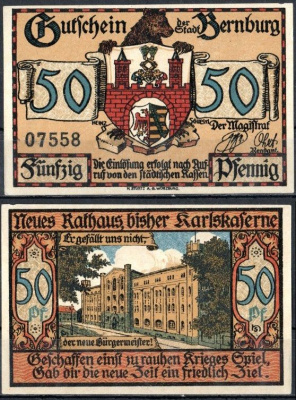 Бернбург (Анхальт) 50 пфеннигов 1921 Mehl Grabowski 95.2a-2/2 бумага UNC (пресс) 7556-48-1-1