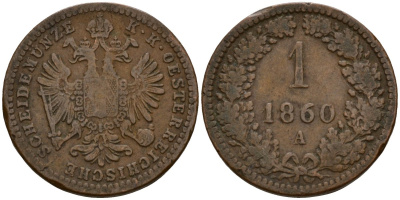Австрия 1 крейцер 1860 A, Франц Иосиф I (1848-1916) KM 2186 медь 4154-833