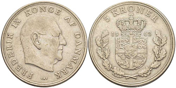 ДАНИЯ 5 КРОН 1962 C; S, ФРЕДЕРИК IX (1947-1972) KM 853.1 медно-никель 38-443
