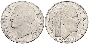 ИТАЛИЯ 20 ЧЕНТЕЗИМО 1941 R, ГОД XIX, ВИКТОР ЭММАНУИЛ III (1900-1946) KM 75b, VEM3. 1028 нержавеющая сталь 3853-957