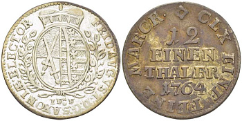 САКСОНИЯ 1/12 ТАЛЕРА 1764 IFoF, ФРИДРИХ АВГУСТ III (1763-1806) KM 956 (C100) серебро 210-221