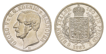 Ганновер 1/6 талера 1863 В, Георг V (1851-1866) KM 238, Jaeger 95 AKS 145 серебро UNC 603-1032